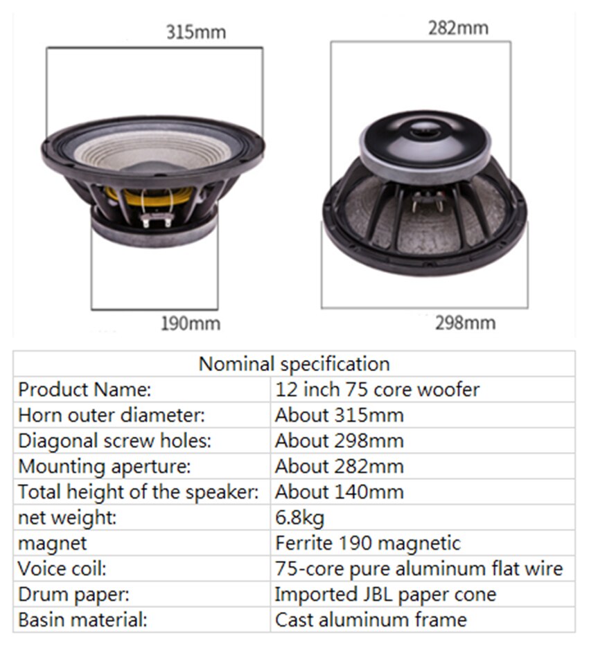 PA-039-Professional-Audio-12-Inch-Middle-Bass-Woofer-Speaker-Unit-75mm-Ferrite-190-Magnet-8-ohm-350W-975dB-4000103931316