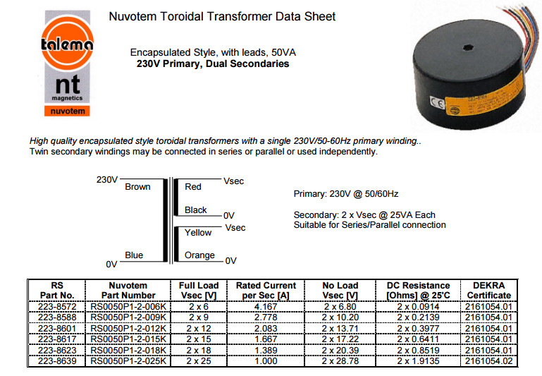 T-027-2-6V-9V-12V-15V-18V-25V-50VA-NEW-Talema-RS-Nuvotem-Sealing-Toroidal-Transformer-50W-32812177556